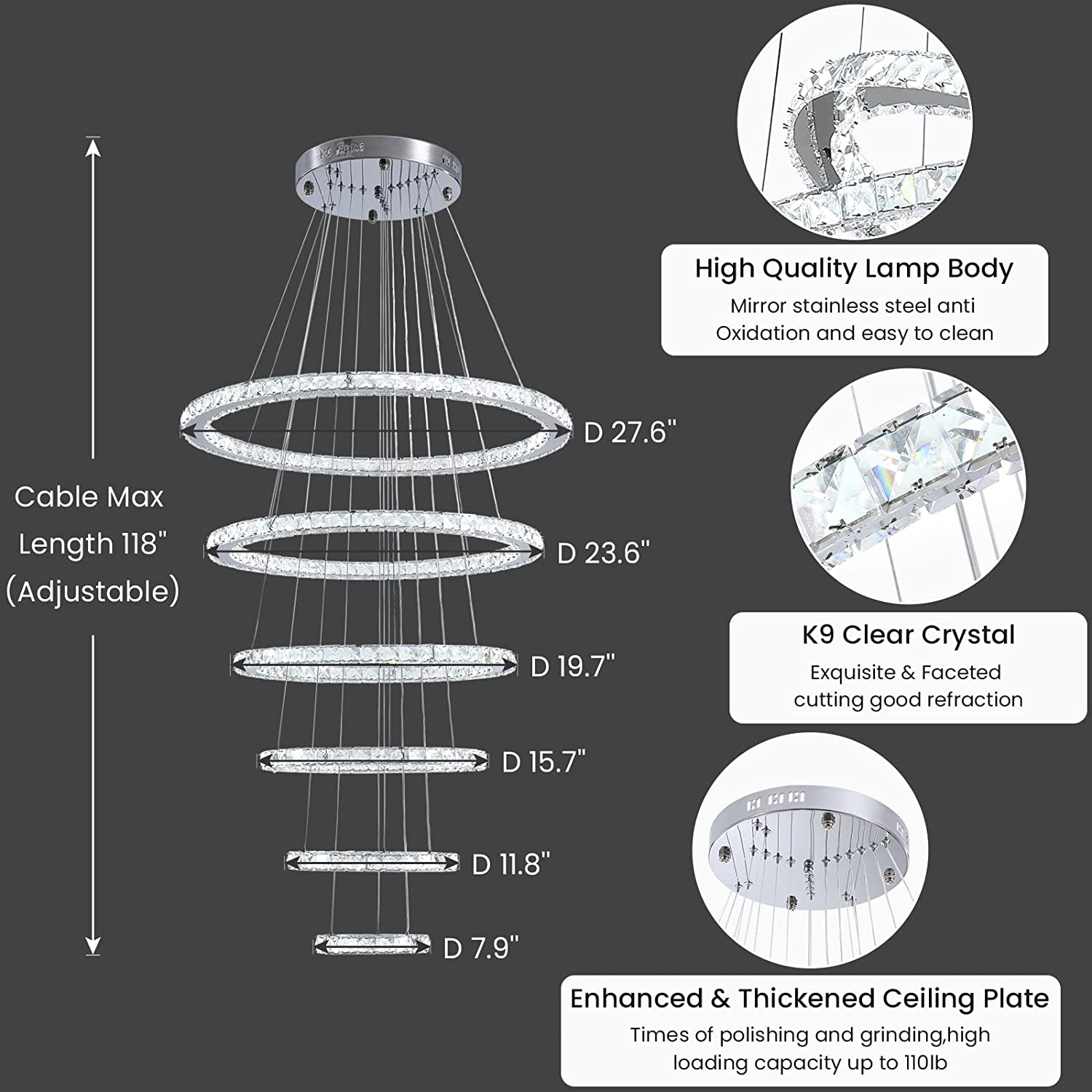 Crystal LED Pendant Lighting 6 Rings
